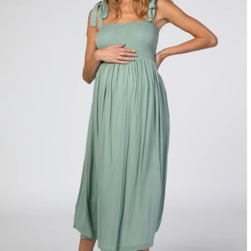 Mint Green Smocked Tie Strap Maternity Midi Dress